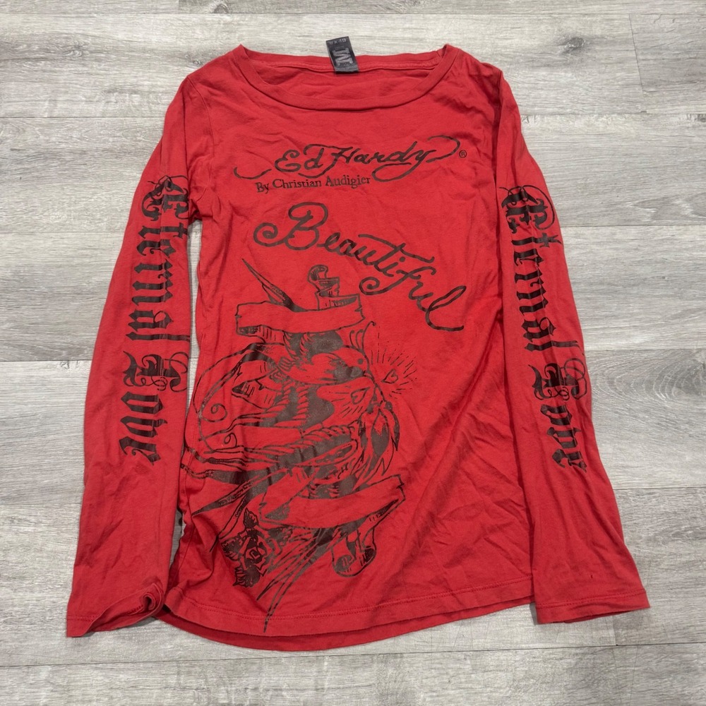 Y2K Ed Hardy Christian Audigier Red Longsleeve Tattoo Graphic Tee Eternal Love M